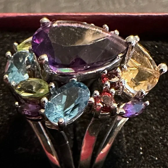 “Shangrila” Multi Gemstone 5.32 TCW Sterling Silver Cocktail Ring Size 7 - Picture 4 of 7